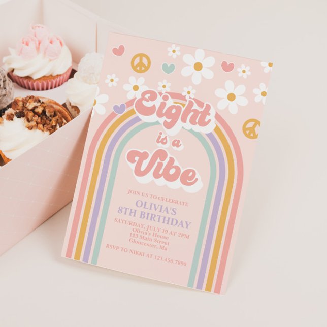 Convites Retro Eight é um Vibe Arco-íris de 8º Aniversário (Criador carregado)