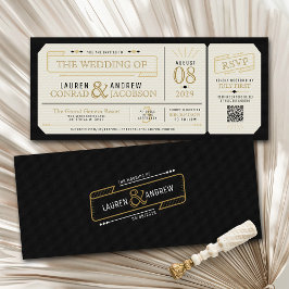Convites Retro Elegant Black & Gold Vintage Ticket Wedding
