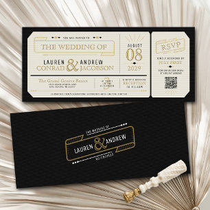 Convites Retro Elegante Bilhete de Casamento Preto e Dourad