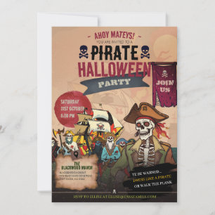 Convites Retro Esqueleto Pirata Vintage Horror Halloween