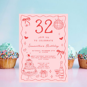 Convites Retrô Excêntrico Diferente Aniversário de 32 anos 