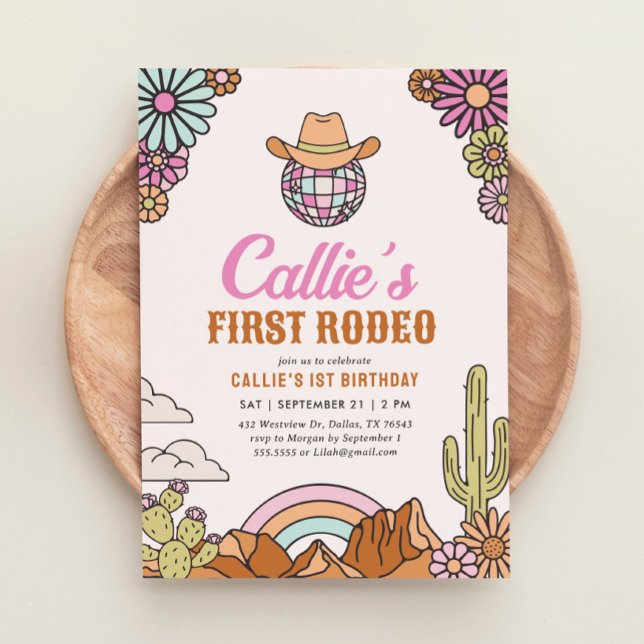 Convites Retro First Rodeo Western Girl primeiro aniversari (Criador carregado)