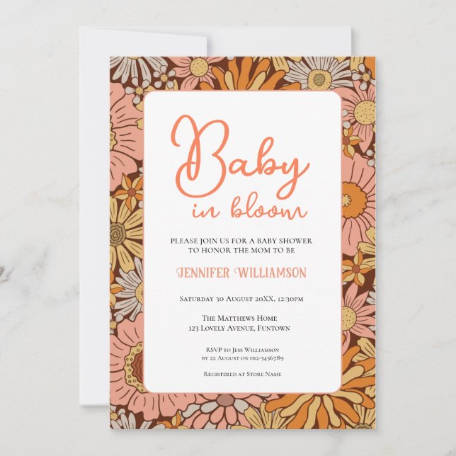 Convites Retro Floral Baby Shower invitation (Frente)