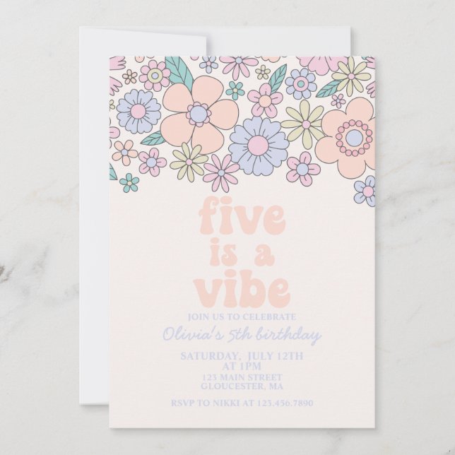 Convites Retro Floral Five é uma Vibe de 5º aniversário (Frente)