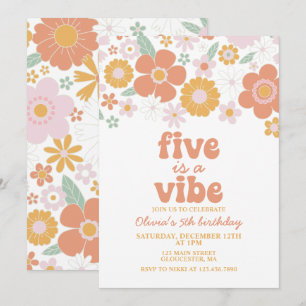 Convites Retro Floral Five é uma Vibração 5º aniversário