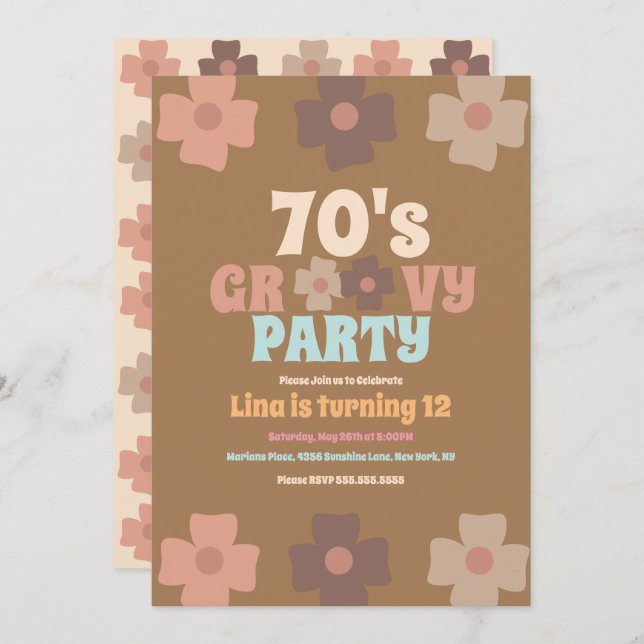Convites Retro Florals Groovy Bohemian Birthday (Frente/Verso)