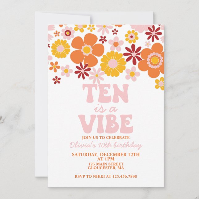 Convites Retro Flower ten é a Vibe 10th Birthday (Frente)