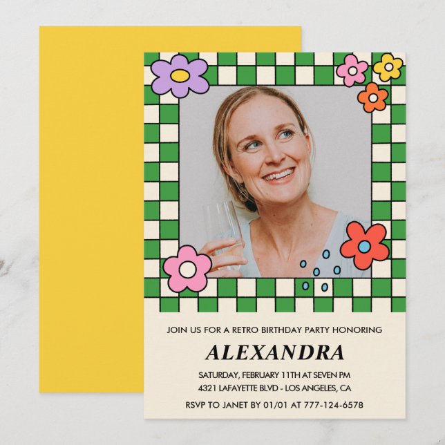 Convites Retro Flowers Groovy Foto 54 anos (Frente/Verso)