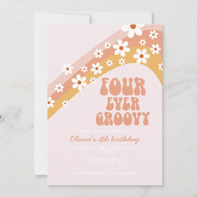 Convites Retro Four Ever Groovy margarida boho 4º aniversár (Frente)