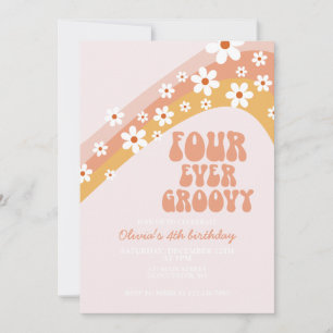 Convites Retro Four Ever Groovy margarida boho 4º aniversár