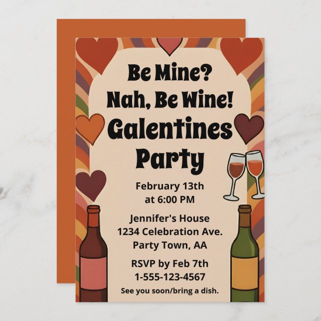 Convites Retro Galentine Be Wine Funny Party Personalized (Frente/Verso)