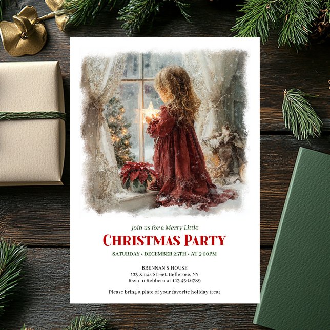 Convites Retro girl awaits Santa digital Christmas invites (Retro girl awaits Santa digital Christmas invitation)