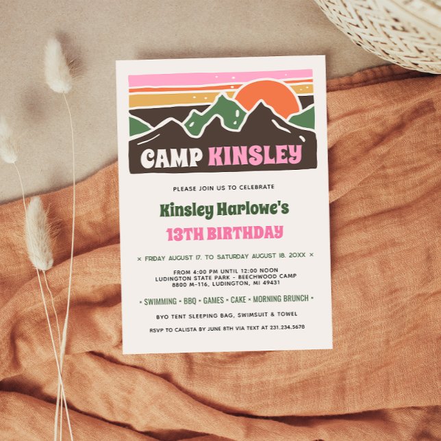Convites Retro Girly Weekend Camp Birthday Invitation (Retro Girly Weekend Camp Birthday Invitation
)