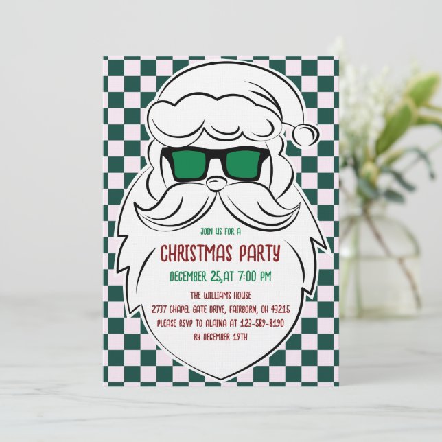 Convites Retro Green Pink Checkered Santa Claus Christmas  (Em pé/Frente)