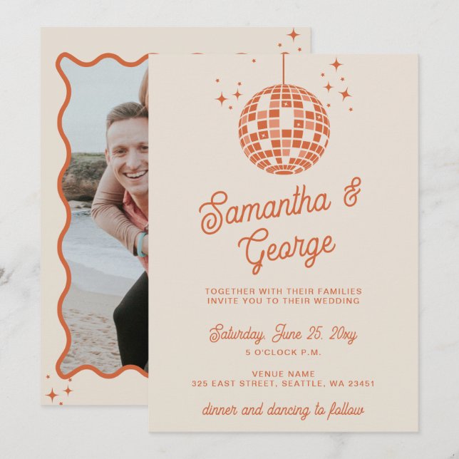 Convites Retro Groovy 70s Ivory Orange Photo Disco Wedding (Frente/Verso)
