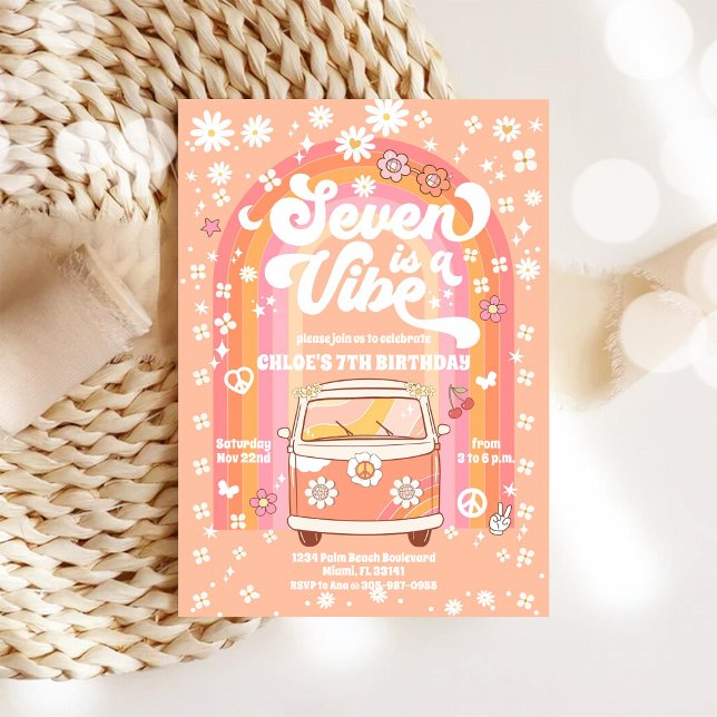 Convites Retro Groovy 7th Birthday Invitation (Criador carregado)
