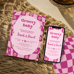 Convites Retro Groovy Baby Girl chá de fraldas Floral 70s
