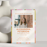 Convites Retro Groovy Colorful Photo Graduation Party 2026<br><div class="desc">This graduation party invitation features a bold retro-inspired geometric border in coral, pink, mustard, sage, and light blue surrounding a centered photo window and bold sans-serif name typography. The colorful 70s-mod design brings a fun, celebratory energy that feels fresh and full of personality. A great fit for the graduate who...</div>