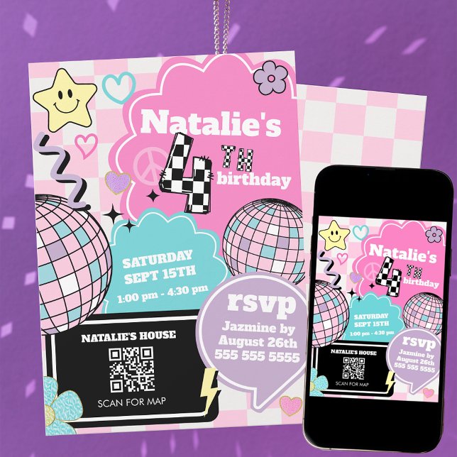 Convites Retro Groovy Disco 4.º Festa de Aniversário (Criador carregado)