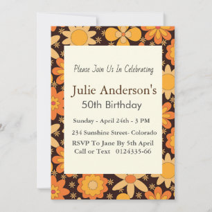 Convites Retro Groovy Floral Amarelo Laranja Aniversário de