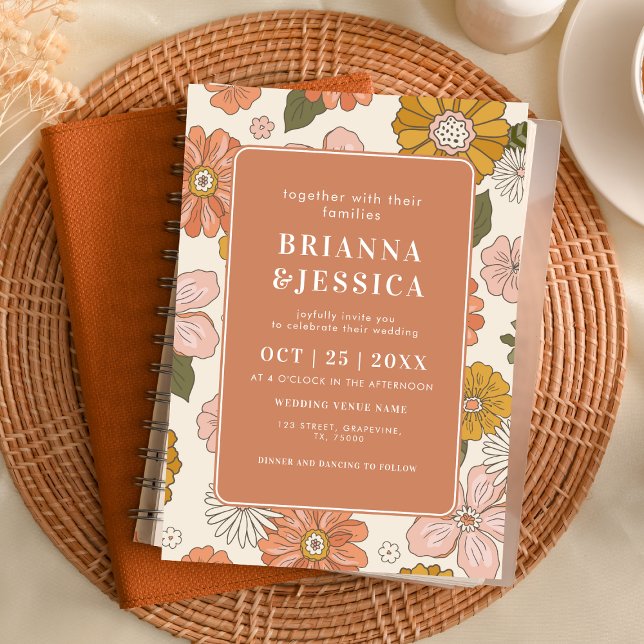 Convites Retro Groovy Flower Foto Monograma Casamento (Criador carregado)