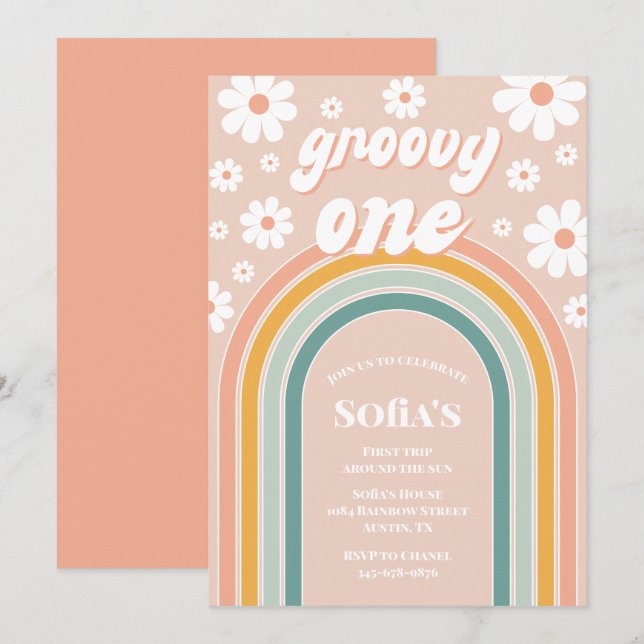 Convites Retro Groovy One Boho Primeiro Aniversário (Frente/Verso)