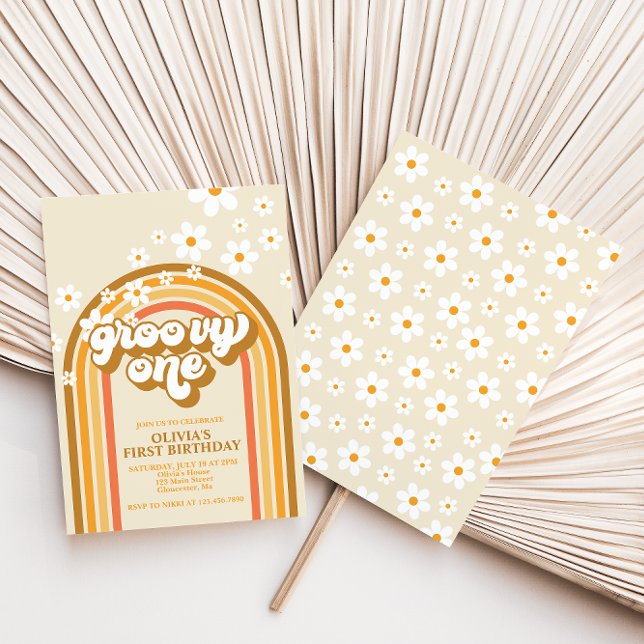 Convites Retro Groovy One Rainbow Brown Orange Birthday (Criador carregado)