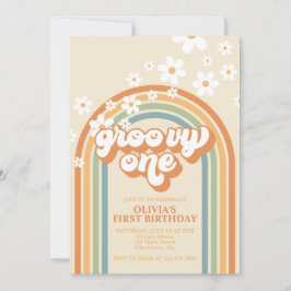 Convites Retro Groovy One Rainbow Brown Orange Birthday Inv