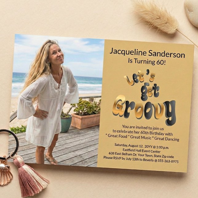 Convites Retro Groovy Photo 60th Birthday Party  (Criador carregado)