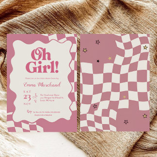 Convites Retro Groovy Pink Checkered Oh Girl Baby Shower