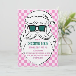 Convites Retro Groovy Pink Checkered Santa Claus Christmas 