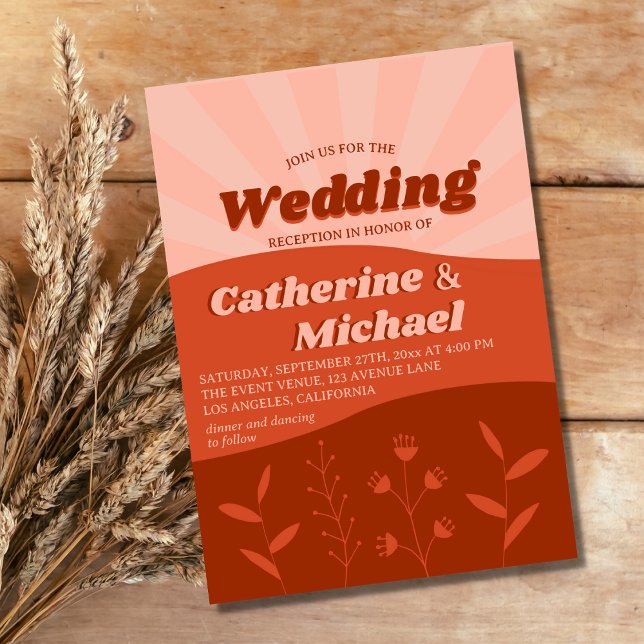 Convites Retro Groovy Recepção de casamento de laranja de f (Criador carregado)