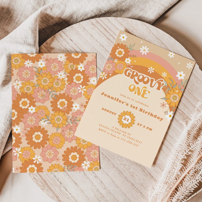 Convites Retro groovy um aniversário neutro em termos de gê (Criador carregado)