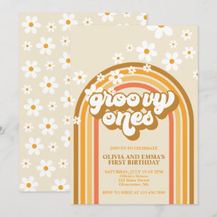 Convites Retro Groovy Uns Gêmeos Arco-Íris Marrom Aniversár