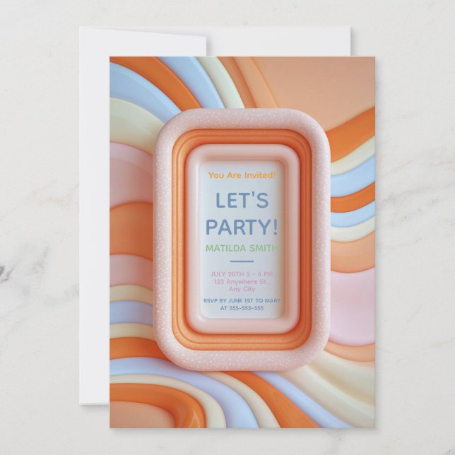 Convites Retro Gummy Pêssego e Ondas Azuis Aniversário (Frente)