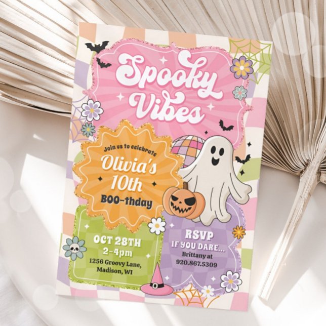 Convites Retro Halloween Spookes Vibes Ghost Birthday Girl (Criador carregado)