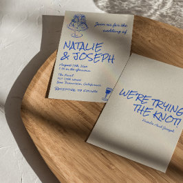 Convites Retro Hand Drawn Blue Cake Bows Unique Wedding 