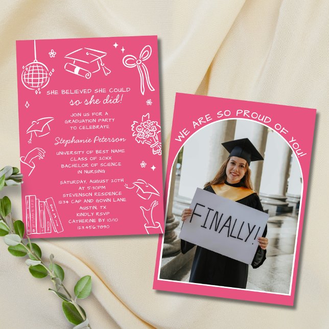 Convites Retro Hand Drawn Pink Doodle Photo Graduation (Criador carregado)