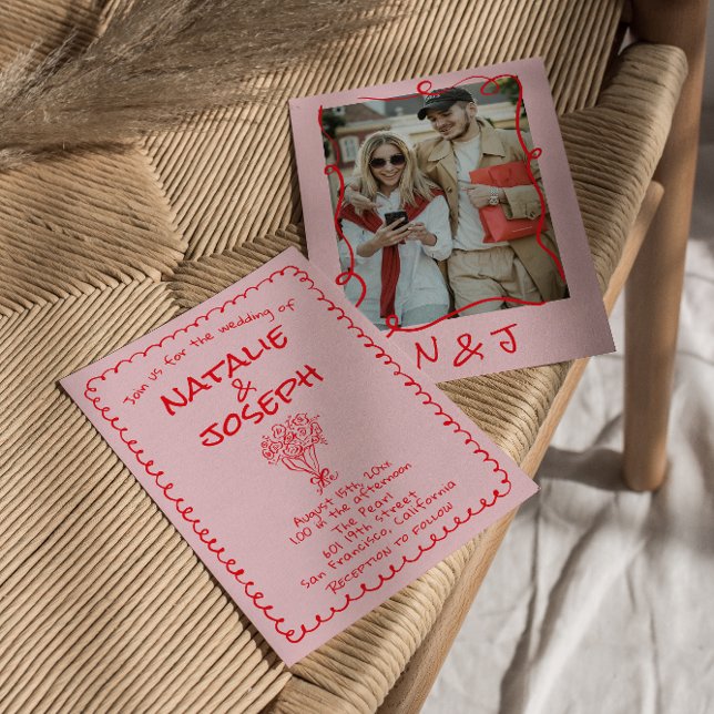Convites Retro Hand Drawn Pink Red Funky Wedding (Criador carregado)