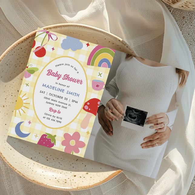 Convites Retro Hand Drawn Quirky Baby Shower Photo (Criador carregado)