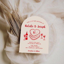 Convites Retro Hand Drawn Red Cake Modern Arched Wedding