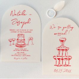 Convites Retro Hand Drawn Red Cake Unique Arched  Wedding