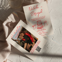 Convites Retro Hand Drawn Red Unique QR Code Photo  Wedding