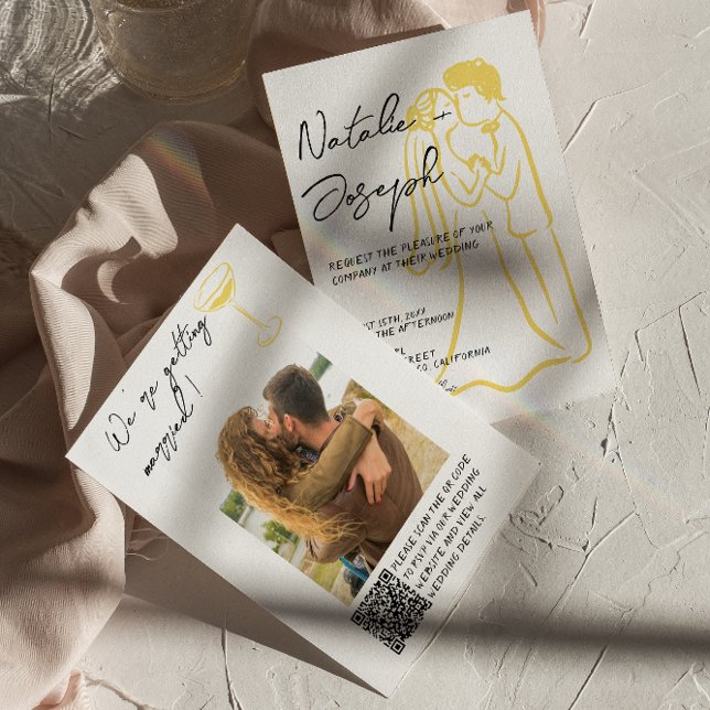Convites Retro Hand Drawn Summer QR Code Photo Wedding (Criador carregado)