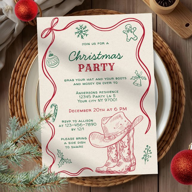 Convites Retro Hand Drawn Western Cowboy Christmas Party (Criador carregado)
