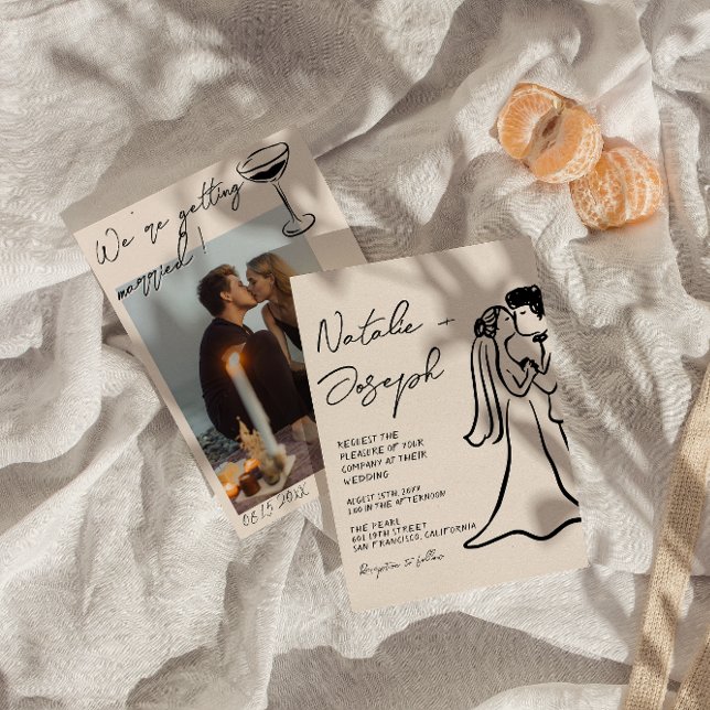 Convites Retro Hand Drawn Written Couple Photo Wedding (Criador carregado)
