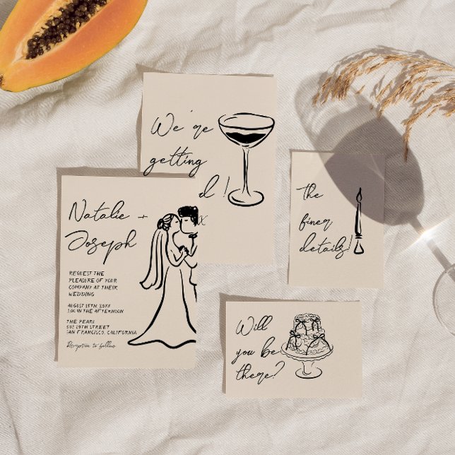 Convites Retro Hand Drawn Written Couple Quirky Wedding (Criador carregado)