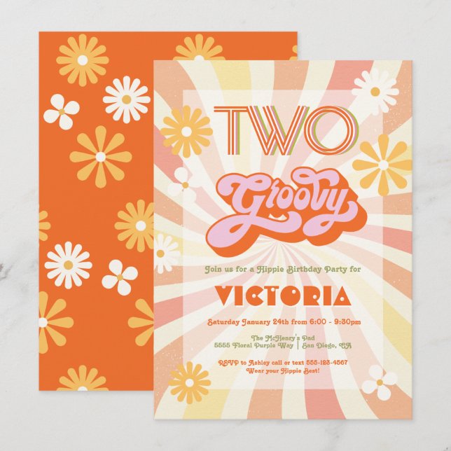 Convites Retro Hippie 70's Duas Festas de aniversário Groov (Frente/Verso)