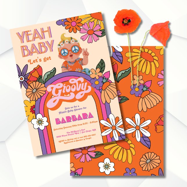 Convites Retro Hippie Baby 70's 60's Groovy Chá de fraldas (Criador carregado)