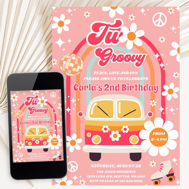 Convites Retro Hippie Daisy Arco-íris Dois Groovy 2º Aniver (Criador carregado)